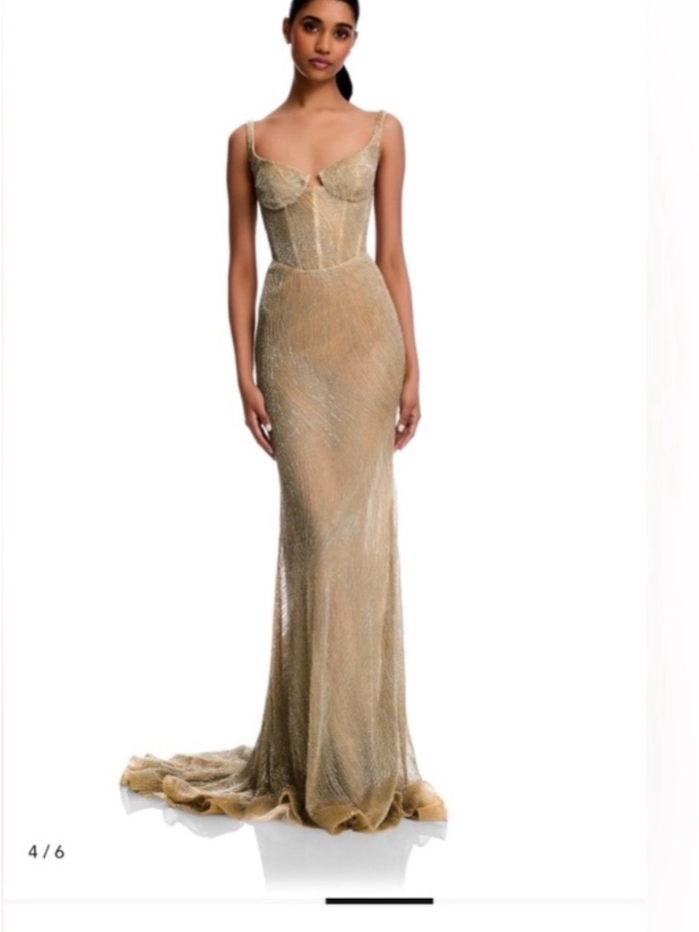 Kyha Studios Beaded Gold Mesh Bustier Evening Gown